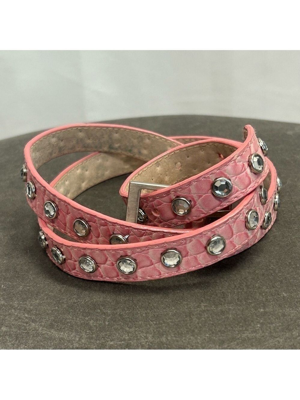 Pink animal print embossed crystal rhinestone embellished genuine leather belt M